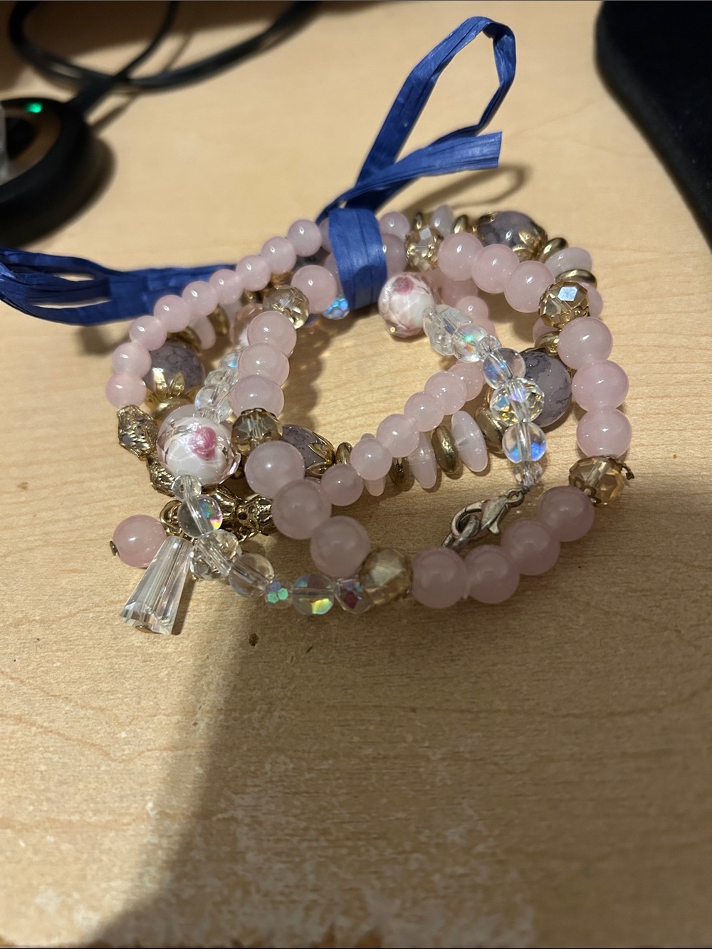 Pink Beaded Stretch Bracelet Set - Elegant Rose Crystal Accent 4 pc